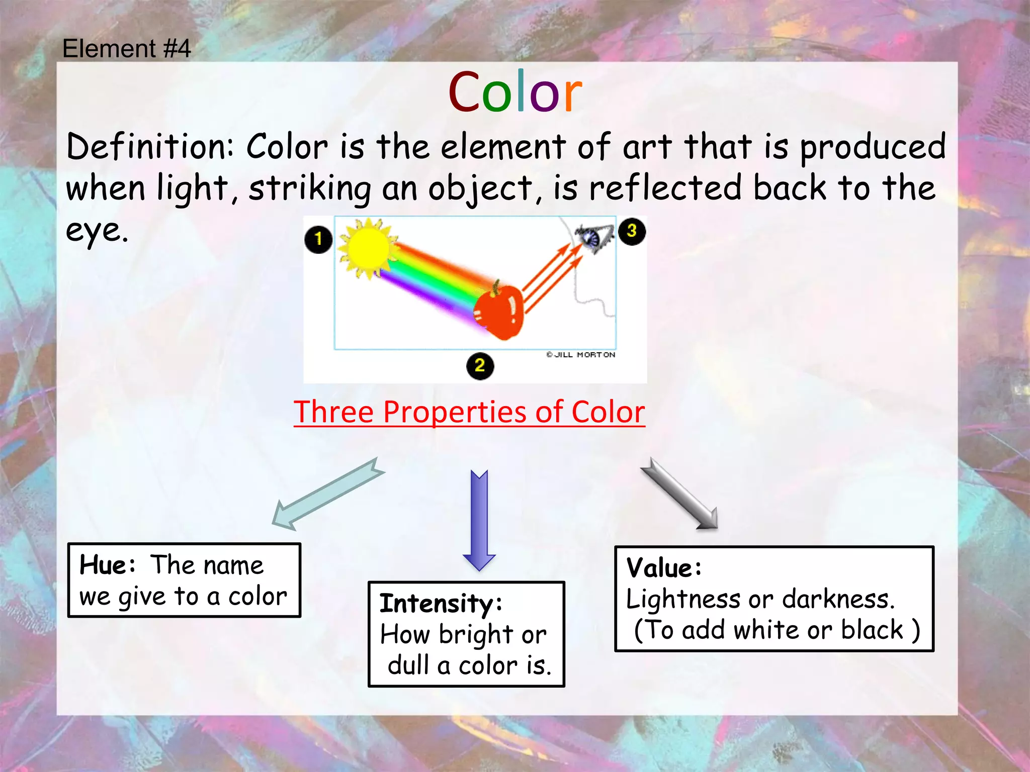 Element #4

                                  Color
Definition: Color is the element of art that is produced
when light, striking an object, is reflected back to the
eye.




                      Three Properties of Color



 Hue: The name                                  Value:
 we give to a color         Intensity:          Lightness or darkness.
                            How bright or        (To add white or black )
                             dull a color is.
 