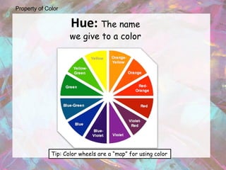 Property of Color

                     Hue: The name
                     we give to a color




              Tip: Color wheels are a “map” for using color
 
