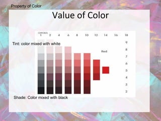 Property of Color

                       Value of Color

Tint: color mixed with white




 Shade: Color mixed with black
 