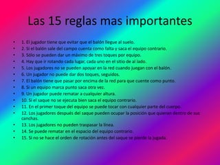 Las 15 reglas mas importantes
• 1. El jugador tiene que evitar que el balón llegue al suelo.
• 2. Si el balón sale del campo cuenta como falta y saca el equipo contrario.
• 3. Sólo se pueden dar un máximo de tres toques por equipo.
• 4. Hay que ir rotando cada lugar, cada uno en el sitio de al lado.
• 5. Los jugadores no se pueden apoyar en la red cuando juegan con el balón.
• 6. Un jugador no puede dar dos toques, seguidos.
• 7. El balón tiene que pasar por encima de la red para que cuente como punto.
• 8. Si un equipo marca punto saca otra vez.
• 9. Un jugador puede rematar a cualquier altura.
• 10. Si el saque no se ejecuta bien saca el equipo contrario.
• 11. En el primer toque del equipo se puede tocar con cualquier parte del cuerpo.
• 12. Los jugadores después del saque pueden ocupar la posición que quieran dentro de sus
canchas.
• 13. Los jugadores no pueden traspasar la línea.
• 14. Se puede rematar en el espacio del equipo contrario.
• 15. Si no se hace el orden de rotación antes del saque se pierde la jugada.
 