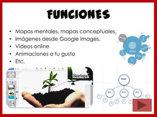 FUNCIONES
• Mapas mentales, mapas conceptuales.
• Imágenes desde Google Images.
• Videos online
• Animaciones a tu gusto
• Etc.
 