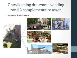 Ontwikkeling duurzame voeding
rond 3 complementaire assen
• 3 assen – 1 merknaam
 