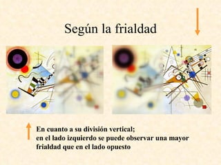 Según la frialdad En cuanto a su división vertical; en el lado izquierdo se puede observar una mayor frialdad que en el lado opuesto   