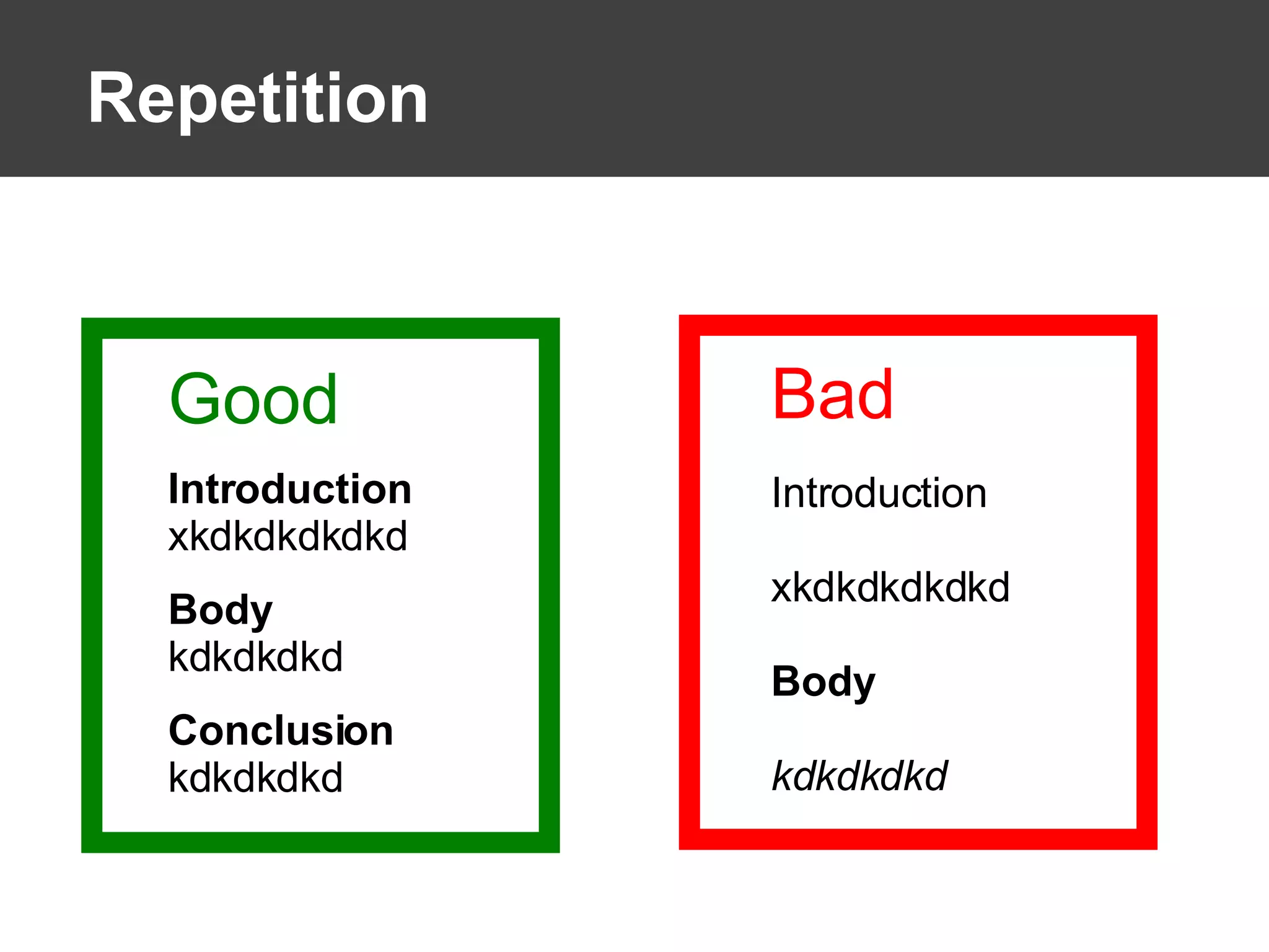 Repetition Bad Introduction xkdkdkdkdkd Body kdkdkdkd Good Introduction xkdkdkdkdkd Body kdkdkdkd Conclusion kdkdkdkd 