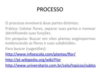 PROCESSO O processo envolverá duas partes distintas: Prática: Coletar flores, separar suas partes e nomear identificando suas funções. Em pesquisa: Buscar em sites plantas angiospermas evidenciando as flores e suas subdivisões. Para buscar (sugestões): http://www.infoescola.com/plantas/flor/ http://pt.wikipedia.org/wiki/Flor http://www.universitario.com.br/celo/topicos/subtopicos/botanica/anatomia_vegetal/flor/flor.html 