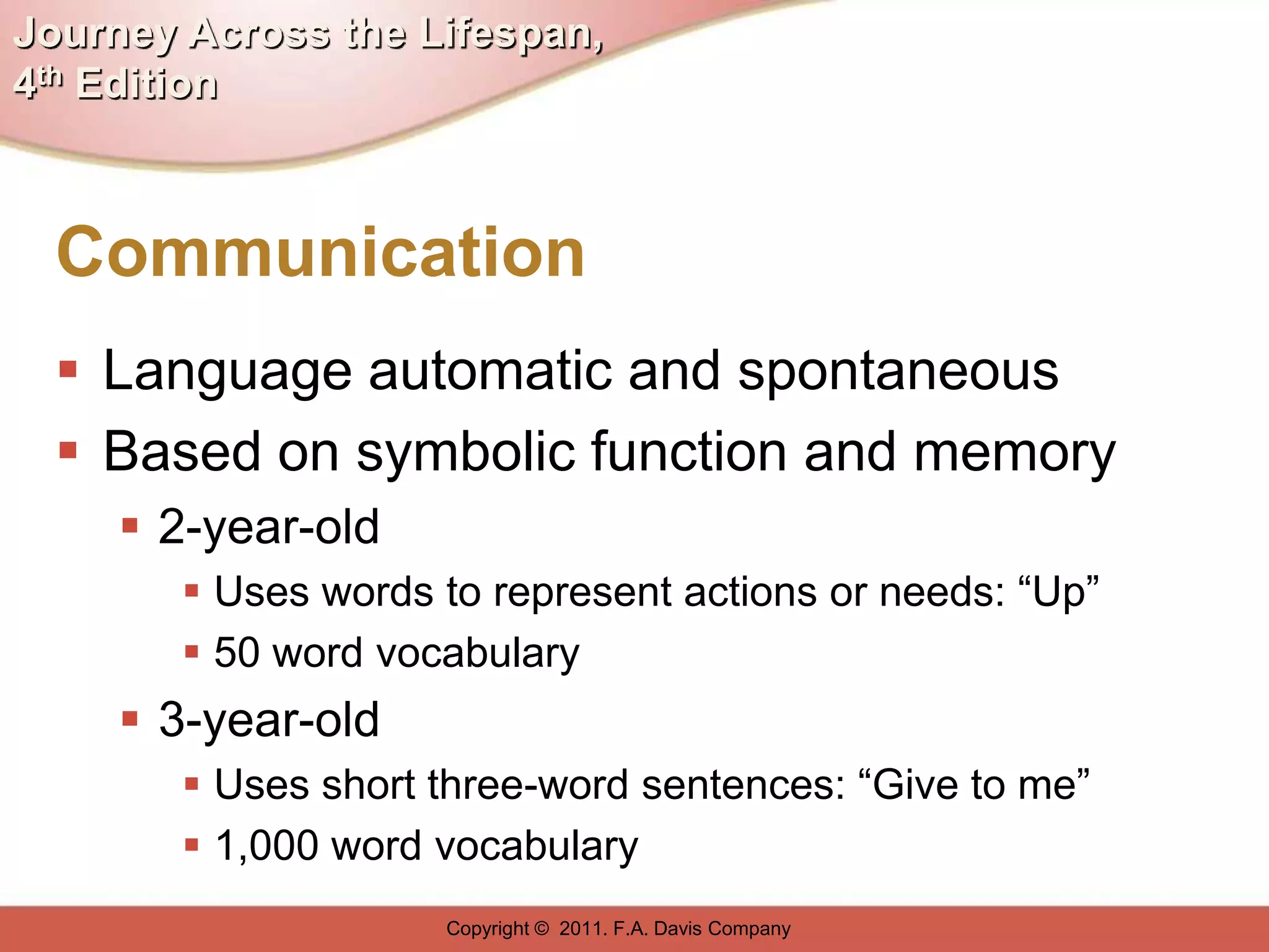Journey Across the Lifespan,
4th Edition



  Communication
   Language automatic and spontaneous
   Based on symbolic function and memory
      2-year-old
         Uses words to represent actions or needs: “Up”
         50 word vocabulary
      3-year-old
         Uses short three-word sentences: “Give to me”
         1,000 word vocabulary
                     Copyright © 2011. F.A. Davis Company
 
