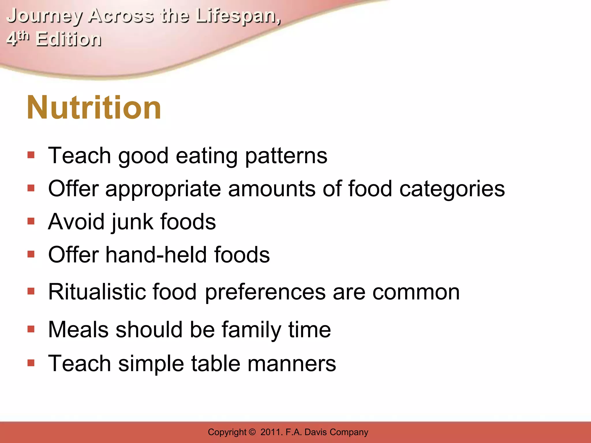 Journey Across the Lifespan,
4th Edition


  Nutrition
     Teach good eating patterns
     Offer appropriate amounts of food categories
     Avoid junk foods
     Offer hand-held foods
   Ritualistic food preferences are common
   Meals should be family time
   Teach simple table manners

                     Copyright © 2011. F.A. Davis Company
 