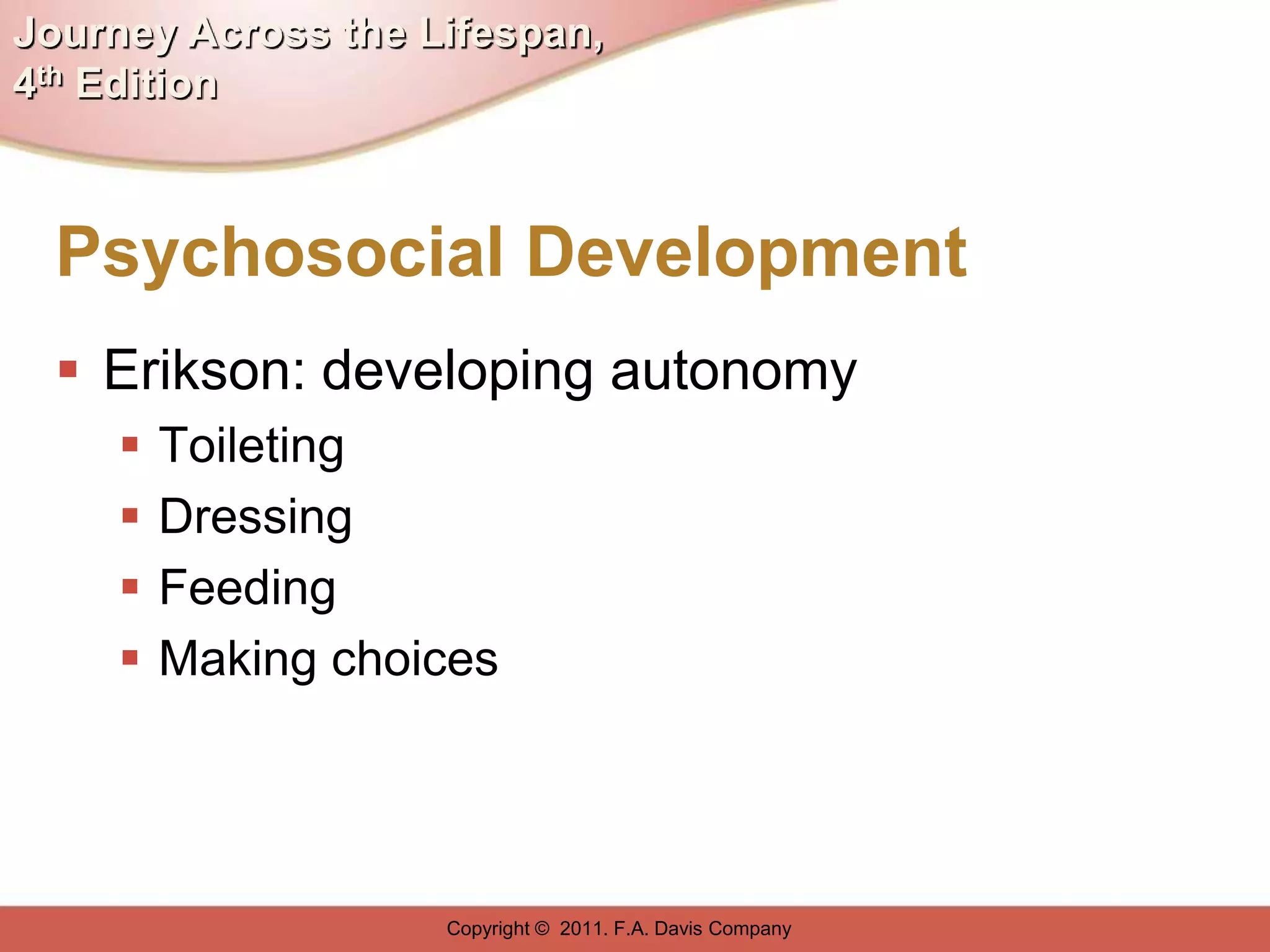 Journey Across the Lifespan,
4th Edition



  Psychosocial Development
   Erikson: developing autonomy
        Toileting
        Dressing
        Feeding
        Making choices




                    Copyright © 2011. F.A. Davis Company
 