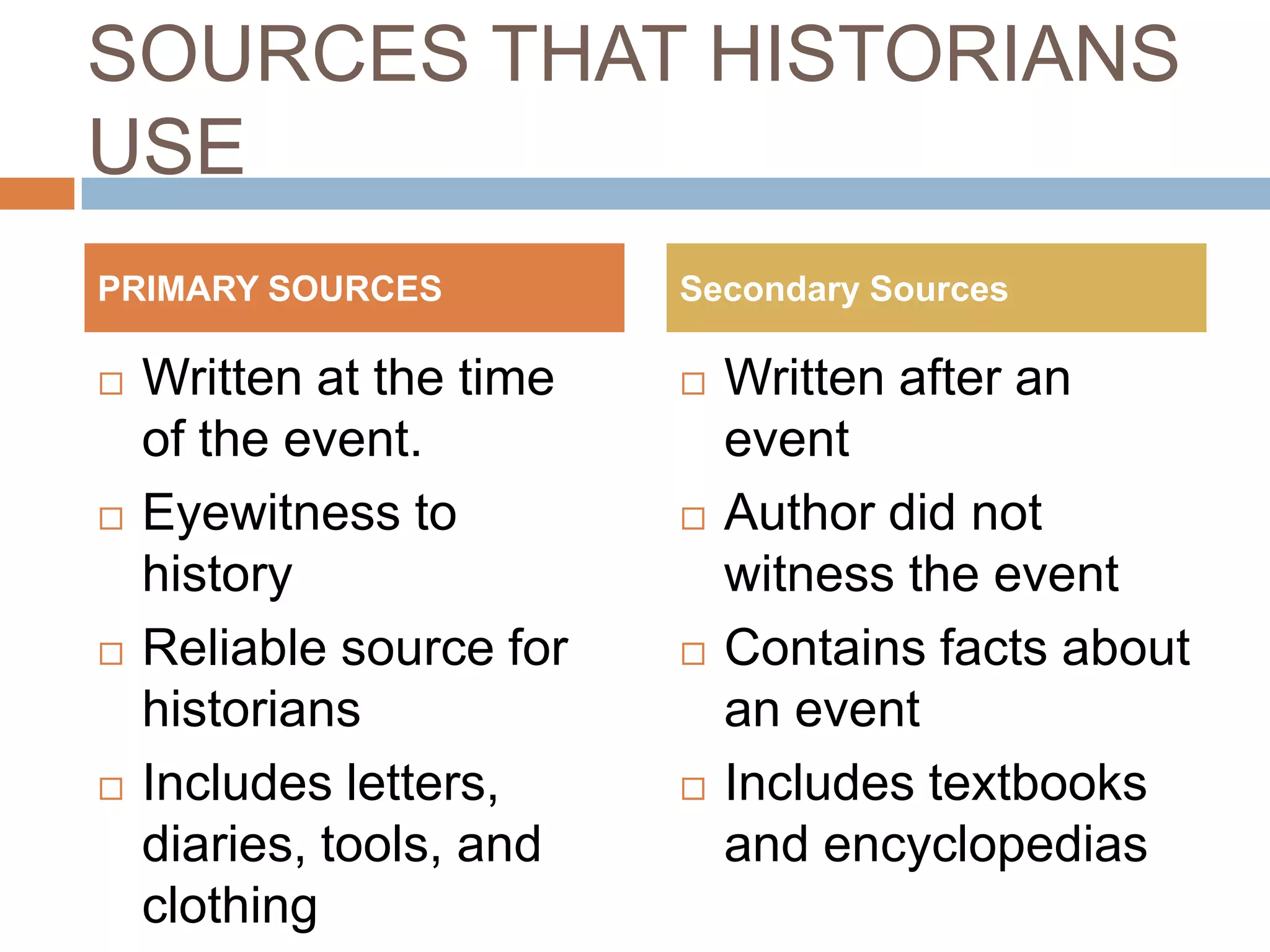 SOURCES THAT HISTORIANS
USE
 Written at the time
of the event.
 Eyewitness to
history
 Reliable source for
historians
 Includes letters,
diaries, tools, and
clothing
 Written after an
event
 Author did not
witness the event
 Contains facts about
an event
 Includes textbooks
and encyclopedias
PRIMARY SOURCES Secondary Sources
 