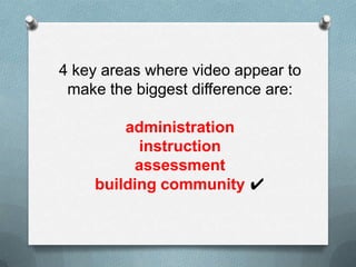 4 key areas where video appear to
 make the biggest difference are:

        administration
          instruction
         assessment
    building community ✔
 