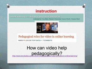 instruction




                  How can video help
                    pedagogically?
http://www.tonybates.ca/2012/03/10/pedagogical-roles-for-video-in-online-learning/
 