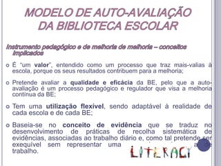 MODELO DE AUTO-AVALIAÇÃODA BIBLIOTECA ESCOLARModelo de Melhoria de MelhoriaPara avaliar a qualidade e eficácia da BE, nomeadamente no seu contributo para as aprendizagens, para o sucesso educativo e para a promoção da aprendizagem ao longo da vida;Para validar o que se faz e identificar o caminho que a BE deve seguir para melhorar o seu desempenho.