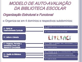 MODELO DE AUTO-AVALIAÇÃODA BIBLIOTECA ESCOLAROrganização Estrutural e Funcional Estes domínios podem ser agrupados em 3 áreas chaveGestão da BEAcessoQualidade da ColecçãoIntegraçãona escola e no processo ensino/aprendizagem
