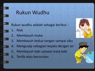 Rukun Wudhu

Rukun wudhu adalah sebagai berikut :
1. Niat
2. Membasuh muka
3. Membasuh kedua tangan sampai siku
4. Mengusap sebagian kepala dengan air
5. Membasuh kaki sampai mata kaki
6. Tertib atau berurutan
 