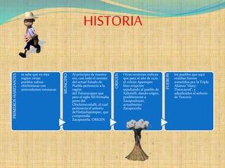 HISTORIA
PRIMEROSHABITANTES
se sabe que en ésta
región vivían
pueblos nahua-
chichimecas con
antecedentes totonacas
MUNCIPIO
Al principio de nuestra
era, casi todo el noreste
del actual Estado de
Puebla pertenecía a la
región
del Totonacapan que
para el siglo XII formaba
parte del
Chichimecatlalli, al cual
pertenecía el señorío
deTlatlauhquitepec, que
comprendía
Zacapoaxtla. ORIGEN
ORIGEN
Otras versiones indican
que para el año de 1270,
el volcán Apaxtepec
hizo erupción
sepultando al pueblo de
Xaltetelli, dando origen,
posiblemente a
Zacapoaloyan,
actualmente
Zacapoaxtla.
FUERON
los pueblos que aquí
residían fueron
sometidos por la Triple
Alianza "Huey-
Tlatocayotl", y
adjudicados al señorío
de Texcoco.
 