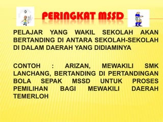 PERINGKAT MSSD
PELAJAR YANG WAKIL SEKOLAH AKAN
BERTANDING DI ANTARA SEKOLAH-SEKOLAH
DI DALAM DAERAH YANG DIDIAMINYA

CONTOH    :  ARIZAN,  MEWAKILI   SMK
LANCHANG, BERTANDING DI PERTANDINGAN
BOLA   SEPAK   MSSD   UNTUK   PROSES
PEMILIHAN   BAGI   MEWAKILI   DAERAH
TEMERLOH
 