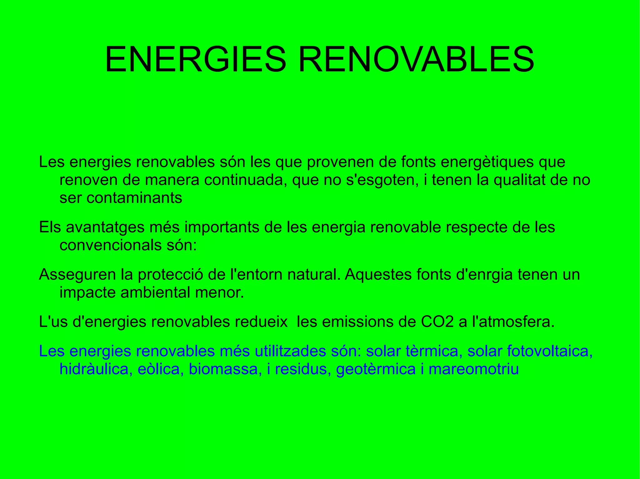 CENTRALS HIDROELÈCTRIQUES A les centrals hidroelèctriques es genera electricitat a partir de l'energia de  l'aigua associada al seu  moviment en els rius o en circular, forçadament, a través de canonades. Els components d'una central hidroelèctrica. Presa o embassament, conductes d'aigua, casa o sala de màquines, els trasformadors, i el parc de distribució. El funcionament d'una central hidroelèctrica en primer lloc, en la captació d'aigua d'un riu, que és conduïa cap a la turbina a través de la canonada forçada. L'energia de l'aigua a baixar per les canonades posa en moviment la turbina i la fa girar, també gira l'alternador que finalment produiex l'electricitat. 