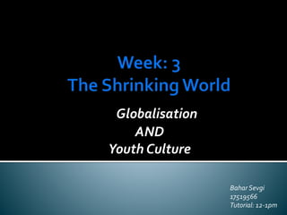 Globalisation
AND
Youth Culture
Bahar Sevgi
17519566
Tutorial: 12-1pm
 