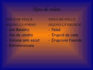 Tipus de volans
TIPUS DE VOLCÀ
SEGONS LA FORMA
- Con Balsàtic
- Con de cendra
- Volcans amb escut
- Estratovolcans
TIPUS DE VOLCÀ
SEGONS LA ERUPCIÓ
- Peleà
- Erupció de cens
- Erupcions fisurals.
 