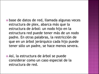  base de datos de red, llamada algunas veces
estructura de plex, abarca más que la
estructura de árbol: un nodo hijo en la
estructura red puede tener más de un nodo
padre. En otras palabras, la restricción de
que en un árbol jerárquico cada hijo puede
tener sólo un padre, se hace menos severa.
 Así, la estructura de árbol se puede
considerar como un caso especial de la
estructura de red.
 