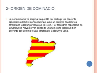 2- ORIGEN DE DOMINACIÓ
• La denominació va sorgir al segle XIII per distingir les diferents
aplicacions del dret consuetudinari, amb un sistema feudal més
arrelat a la Catalunya Vella que la Nova. Per facilitar la repoblació de
la Catalunya Nova es van concedir uns furs i uns incentius ben
diferents del sistema feudal arrelat a la Catalunya Vella.
 
