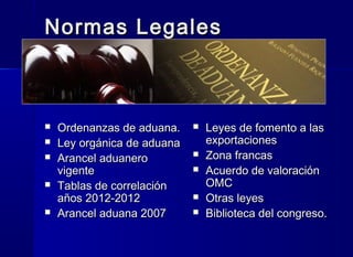 Normas LegalesNormas Legales
 Ordenanzas de aduana.Ordenanzas de aduana.
 Ley orgánica de aduanaLey orgánica de aduana
 Arancel aduaneroArancel aduanero
vigentevigente
 Tablas de correlaciónTablas de correlación
años 2012-2012años 2012-2012
 Arancel aduana 2007Arancel aduana 2007
 Leyes de fomento a lasLeyes de fomento a las
exportacionesexportaciones
 Zona francasZona francas
 Acuerdo de valoraciónAcuerdo de valoración
OMCOMC
 Otras leyesOtras leyes
 Biblioteca del congreso.Biblioteca del congreso.
 