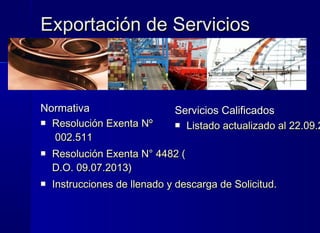 Exportación de ServiciosExportación de Servicios
NormativaNormativa
 Resolución ExentaResolución Exenta NºNº
002.511002.511
 Resolución Exenta N° 4482 (Resolución Exenta N° 4482 (
D.OD.O. 09.07.2013). 09.07.2013)
 Instrucciones de llenado y descarga de Solicitud.Instrucciones de llenado y descarga de Solicitud.
Servicios CalificadosServicios Calificados
 Listado actualizado al 22.09.2Listado actualizado al 22.09.2
 