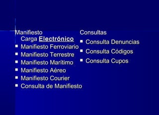 ConsultasConsultas
 Consulta DenunciasConsulta Denuncias
 Consulta CódigosConsulta Códigos
 Consulta CuposConsulta Cupos
ManifiestoManifiesto
Carga Carga ElectrónicoElectrónico
 Manifiesto FerroviarioManifiesto Ferroviario
 Manifiesto TerrestreManifiesto Terrestre
 Manifiesto MarítimoManifiesto Marítimo
 Manifiesto AéreoManifiesto Aéreo
 Manifiesto CourierManifiesto Courier
 Consulta de ManifiestoConsulta de Manifiesto
 