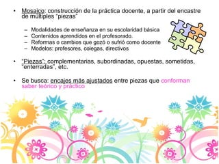 Mosaico : construcción de la práctica docente, a partir del encastre de múltiples “piezas” Modalidades de enseñanza en su escolaridad básica Contenidos aprendidos en el profesorado. Reformas o cambios que gozó o sufrió como docente  Modelos: profesores, colegas, directivos  “ Piezas”:  complementarias, subordinadas, opuestas, sometidas, “enterradas”, etc.  Se busca:  encajes más ajustados  entre piezas que  conforman saber teórico y práctico 