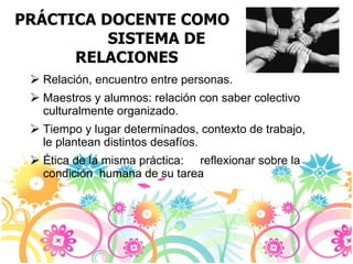 PRÁCTICA DOCENTE COMO  SISTEMA DE RELACIONES Relación, encuentro entre personas. Maestros y alumnos: relación con saber colectivo culturalmente organizado. Tiempo y lugar determinados, contexto de trabajo, le plantean distintos desafíos. É tica de la misma práctica:  reflexionar sobre la condición  humana de su tarea 
