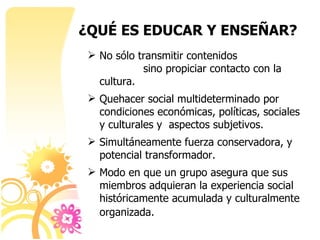 ¿QUÉ ES EDUCAR Y ENSEÑAR? No sólo transmitir contenidos  sino propiciar contacto con la cultura. Quehacer social multideterminado por condiciones económicas, políticas, sociales y culturales y  aspectos subjetivos. Simultáneamente fuerza conservadora, y potencial transformador. Modo en que un grupo asegura que sus miembros adquieran la experiencia social históricamente acumulada y culturalmente organizada.   