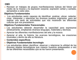 CMO
 Recrean en trabajos de grupos manifestaciones lúdicas del folclor por
  medio de la música y la expresión corporal, expresión verbal y cantada,
  apropiados a cada caso.
Objetivos Fundamentales
 Los estudiantes serán capaces de identificar, analizar, ubicar, redactar,
  crear, interpretar y relacionar los diversos pueblos originarios, para así
  realizar una serie de actividades que nos mostrarán las diferentes
  culturas que nos precedieron.
Objetivos Fundamentales Transversales
 Los estudiantes deberán desarrollar la capacidad para expresarse
  artísticamente, empleando diversos lenguajes, materiales y técnicas.
 Apreciar las diferentes manifestaciones del arte y la música.
 Apreciar el arte, la historia, los avances tecnológicos, las creaciones
  musicales y dentro de ella su literatura.
 Contenidos específicos
 Objetivos Fundamentales tecnología
 Los estudiantes deben identificar, observar y relacionar la utilidad de los
  diversos objetos tecnológicos que crearon nuestros antepasados a raíz
  de las diferentes necesidades que se les fueron presentando.
 