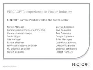 FIRCROFT’s experience in Power Industry FIRCROFT Current Positions within the Power Sector 