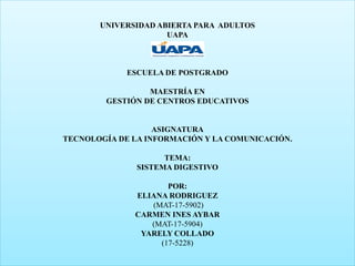 UNIVERSIDAD ABIERTA PARA ADULTOS
UAPA
ESCUELA DE POSTGRADO
MAESTRÍA EN
GESTIÓN DE CENTROS EDUCATIVOS
ASIGNATURA
TECNOLOGÍA DE LA INFORMACIÓN Y LA COMUNICACIÓN.
TEMA:
SISTEMA DIGESTIVO
POR:
ELIANA RODRIGUEZ
(MAT-17-5902)
CARMEN INES AYBAR
(MAT-17-5904)
YARELY COLLADO
(17-5228)
 