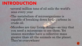 INTRODUCTION
several million tons of oil soils the world's
seas every year
The metabolism of microorganisms is
capable of breaking down hydrocarbons in
crude oil.
Microbes are tiny living things—so tiny that
you need a microscope to see them. Yet
unseen microbes have a collective mass
greater than all the animals on the planet.
They're everywhere!
 