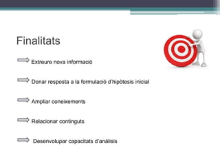 Finalitats
Extreure nova informació
Donar resposta a la formulació d’hipòtesis inicial
Ampliar coneixements
Relacionar continguts
Desenvolupar capacitats d’anàlisis
 