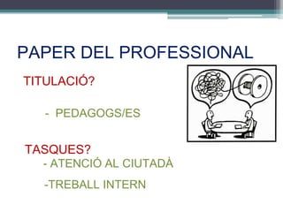 PAPER DEL PROFESSIONAL
TITULACIÓ?
- PEDAGOGS/ES
TASQUES?
- ATENCIÓ AL CIUTADÀ
-TREBALL INTERN
 