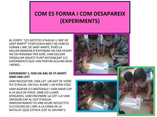 AL CONTE “LES GOTETES D’AIGUA I L’ARC DE
SANT MARTÍ” S’EXPLICAVA MOLT BÉ COM ES
FORMA L’ARC DE SANT MARTÍ, PERÒ LA
MILLOR MANERA D’ENTENDRE-HO ERA VEIENT-
HO EN PERSONA! PER AIXÒ, VAM DECIDIR
TREBALLAR AQUEST PUNT MITJANÇANT ELS
EXPERIMENTS QUE VAN PORTAR ALGUNS NENS
I NENES.
EXPERIMENT 1: FEM UN ARC DE ST.MARTÍ
AMB UNA LOT!
VAM NECESSITAR: UNA LOT, UN GOT DE VIDRE
PLE D’AIGUA, UN FULL BLANC I UN ESPAI FOSC.
VAM AGAFAR ELS MATERIALS I VAM ANAR CAP
A LA SALA DE PSICO. AMB LES LLUMS
APAGADES, VAM ENCENDRE LA LOT I LA VAM
ENFOCAR CAP AL GOT D’AIGUA.
INMEDIATAMENT ES VAN VEURE REFLECTITS
ELS COLORS DE L’ARC A LA CAMA DE LA
NATALIA! (QUE ESTAVA JUST AL DAVANT!)
COM ES FORMA I COM DESAPAREIX
(EXPERIMENTS)
 
