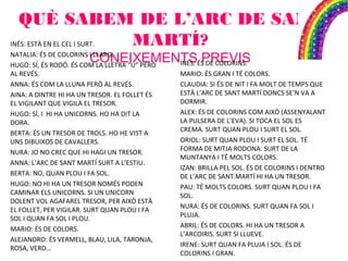 QUÈ SABEM DE L’ARC DE SANT
MARTÍ?
CONEIXEMENTS PREVIS
INÉS: ESTÀ EN EL CEL I SURT.
NATALIA: ÉS DE COLORINS I LLARG.
HUGO: SÍ, ÉS RODÓ. ÉS COM LA LLETRA “U” PERÒ
AL REVÉS.
ANNA: ÉS COM LA LLUNA PERÒ AL REVÉS.
AINA: A DINTRE HI HA UN TRESOR. EL FOLLET ÉS
EL VIGILANT QUE VIGILA EL TRESOR.
HUGO: SÍ, I HI HA UNICORNS. HO HA DIT LA
DORA.
BERTA: ÉS UN TRESOR DE TROLS. HO HE VIST A
UNS DIBUIXOS DE CAVALLERS.
NURA: JO NO CREC QUE HI HAGI UN TRESOR.
ANNA: L’ARC DE SANT MARTÍ SURT A L’ESTIU.
BERTA: NO, QUAN PLOU I FA SOL.
HUGO: NO HI HA UN TRESOR NOMÉS PODEN
CAMINAR ELS UNICORNS. SI UN UNICORN
DOLENT VOL AGAFAREL TRESOR, PER AIXÒ ESTÀ
EL FOLLET, PER VIGILAR. SURT QUAN PLOU I FA
SOL I QUAN FA SOL I PLOU.
MARIO: ÉS DE COLORS.
ALEJANDRO: ÉS VERMELL, BLAU, LILA, TARONJA,
ROSA, VERD…
INÉS: ÉS DE COLORINS.
MARIO: ÉS GRAN I TÉ COLORS.
CLAUDIA: SI ÉS DE NIT I FA MOLT DE TEMPS QUE
ESTÀ L’ARC DE SANT MARTÍ DONCS SE’N VA A
DORMIR.
ALEX: ÉS DE COLORINS COM AIXÒ (ASSENYALANT
LA PULSERA DE L’EVA). SI TOCA EL SOL ES
CREMA. SURT QUAN PLOU I SURT EL SOL.
ORIOL: SURT QUAN PLOU I SURT EL SOL. TÉ
FORMA DE MITJA RODONA. SURT DE LA
MUNTANYA I TÉ MOLTS COLORS.
IZAN: BRILLA PEL SOL. ÉS DE COLORINS I DENTRO
DE L’ARC DE SANT MARTÍ HI HA UN TRESOR.
PAU: TÉ MOLTS COLORS. SURT QUAN PLOU I FA
SOL.
NURA: ÉS DE COLORINS. SURT QUAN FA SOL I
PLUJA.
ABRIL: ÉS DE COLORS. HI HA UN TRESOR A
L’ARCOIRIS. SURT SI LLUEVE.
IRENE: SURT QUAN FA PLUJA I SOL. ÉS DE
COLORINS I GRAN.
 