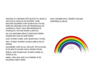CRISTINA: SI L’ARCOIRIS ESTÉ QUIETO Y EL AGUA LE
CAE PUES EL AGUA SE VA CAYENDO. TIENE
MUCHOS COLORINS I SURT QUAN PLOU I FA SOL.
FORA DEL ARCOIRIS HI HA UN TRERSOR QUE LES
GUARDA EL FOLLET I QUE SÓN MONEDAS DE
CHOCOLATE. HO VAIG VEURE A UNA PELI.
OLI: ELS UNICORNS SÓN ELS ÚNICS QUE PODEN
PASSAR PER L’ARC DE SANT MARTÍ.
ELOY: ÉS MOLT GRAN. SURT QUAN PLOU I FA SOL.
ERIC: TÉ MOLT COLORS I SI XOCA AMB EL SOL ES
CREMA.
ALEJANDRO: SURT AL CEL. NO SURT TOTS ELS DIES.
ÉS DE MOLTS COLORS I NO EL PODEM TOCAR.
MIREIA: SURT QUAN PLOU. ÉS MOLT GRAN I EL
VEIEM AL CEL.
ANNA: CREC QUE SURT A LA TARDOR. ÉS DE
COLORINS I MOLT GRAN.
ALEX: DUERME EN EL TIEMPO. ESO QUE
CONTROLA EL RELOJ.
 
