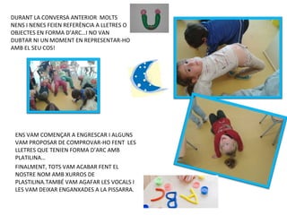 DURANT LA CONVERSA ANTERIOR MOLTS
NENS I NENES FEIEN REFERÈNCIA A LLETRES O
OBJECTES EN FORMA D’ARC…I NO VAN
DUBTAR NI UN MOMENT EN REPRESENTAR-HO
AMB EL SEU COS!
ENS VAM COMENÇAR A ENGRESCAR I ALGUNS
VAM PROPOSAR DE COMPROVAR-HO FENT LES
LLETRES QUE TENIEN FORMA D’ARC AMB
PLATILINA…
FINALMENT, TOTS VAM ACABAR FENT EL
NOSTRE NOM AMB XURROS DE
PLASTILINA.TAMBÉ VAM AGAFAR LES VOCALS I
LES VAM DEIXAR ENGANXADES A LA PISSARRA.
 