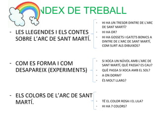 ÍNDEX DE TREBALL
- LES LLEGENDES I ELS CONTES
SOBRE L’ARC DE SANT MARTÍ.
- COM ES FORMA I COM
DESAPAREIX (EXPERIMENTS)
- ELS COLORS DE L’ARC DE SANT
MARTÍ.
- HI HA UN TRESOR DINTRE DE L’ARC
DE SANT MARTÍ?
- HI HA OR?
- HI HA GOSSETS I GATETS BONICS A
DINTRE DE L’ARC DE SANT MARTÍ,
COM SURT ALS DIBUIXOS?
- SI XOCA UN NÚVOL AMB L’ARC DE
SANT MARTÍ, QUÈ PASSA? ES CAU?
- QUÈ PASSA SI XOCA AMB EL SOL?
- A ON DORM?
- ÉS MOLT LLARG?
- TÉ EL COLOR ROSA I EL LILA?
- HI HA 7 COLORS?
 