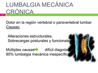 LUMBALGIA MECÁNICA
1
    CRÓNICA
    Dolor en la región vertebral o paravertebral lumbar
    Causas:

     Alteraciones estructurales.
     Sobrecargas posturales y funcionales

    Múltiples causas    difícil diagnóstico
    85% lumbalgia mecánica inespecífica
 