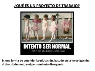 ¿QUÉ ES UN PROYECTO DE TRABAJO?
Es una forma de entender la educación, basado en la investigación ,
el descubrimiento y el pensamiento divergente.