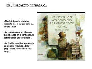 EN UN PROYECTO DE TRABAJO…
•El niñ@ toma la iniciativa
respecto a cómo y qué es lo que
quiere saber.
•La maestra crea un clima en
clase basado en la confianza , la
estimulación y la curiosidad .
•La familia participa aportando
desde casa recursos, ideas y
preparando trabajitos con sus
hij@s.