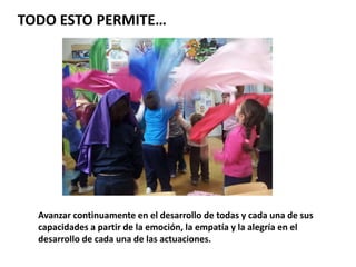 Avanzar continuamente en el desarrollo de todas y cada una de sus
capacidades a partir de la emoción, la empatía y la alegría en el
desarrollo de cada una de las actuaciones.
TODO ESTO PERMITE…