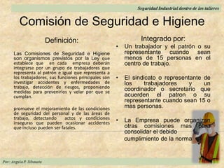 Comisión de Seguridad e Higiene
Definición:
Las Comisiones de Seguridad e Higiene
son organismos previstos por la Ley que
establece que en cada empresa deberán
integrarse por un grupo de trabajadores que
representa al patrón e igual que representa a
los trabajadores, sus funciones principales son
investigar accidentes y enfermedades de
trabajo, detección de riesgos, proponiendo
medidas para prevenirlos y velar por que se
cumplan.
promueve el mejoramiento de las condiciones
de seguridad del personal y de las áreas de
trabajo, detectando actos y condiciones
inseguras que pueden ocasionar accidentes
que incluso pueden ser fatales.
Integrado por:
• Un trabajador y el patrón o su
representante cuando sean
menos de 15 personas en el
centro de trabajo.
• El sindicato o representante de
los trabajadores y un
coordinador o secretario que
acuerden el patron o su
representante cuando sean 15 o
mas personas.
• La Empresa puede organizan
otras comisiones mas para
consolidar el debido
cumplimiento de la norma
 