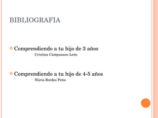 BIBLIOGRAFIA Comprendiendo a tu hijo de 3 años Cristina Campuzano León Comprendiendo a tu hijo de 4-5 años Núria Bordes Peña 