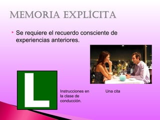  Se requiere el recuerdo consciente de
experiencias anteriores.
Una citaInstrucciones en
la clase de
conducción.
 
