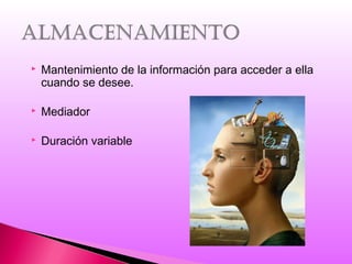  Mantenimiento de la información para acceder a ella
cuando se desee.
 Mediador
 Duración variable
 